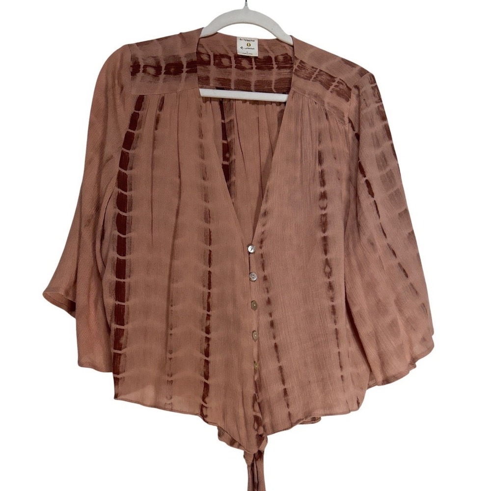 By Together Tie Dye Stripe Bell Sleeve Tie Front Rayon Blouse Mauve L3328 L